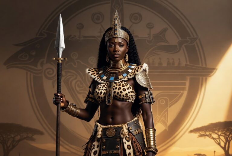An image of a beautiful african warrior queen holding a large spear and dressed in a leather amour