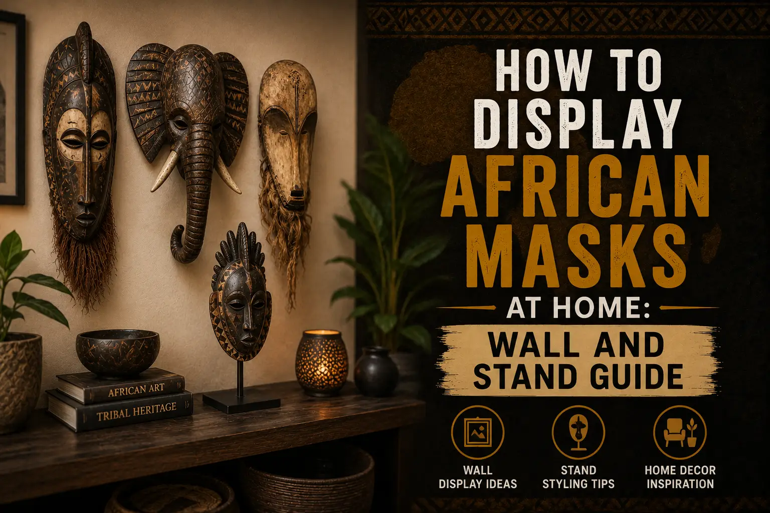 African mask displayed on a wall, an example of how to display African masks at home